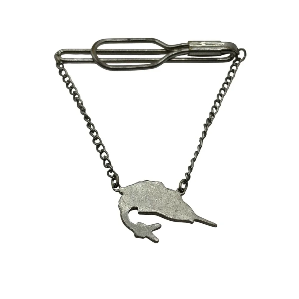 Vintage Tie Bar Clip Enamel‎ Swordfish Silver Tone Dangle Chain Nautical Fish